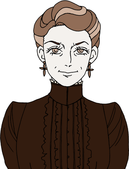 A sepia toned picture of Emma, a woman in her 50s. She has a pale eyes, medium light hair with grey streaks, pinned up neatly, and she wears a dark, high-necked dress with ruffles at the front. She has a serious but kind expression.
