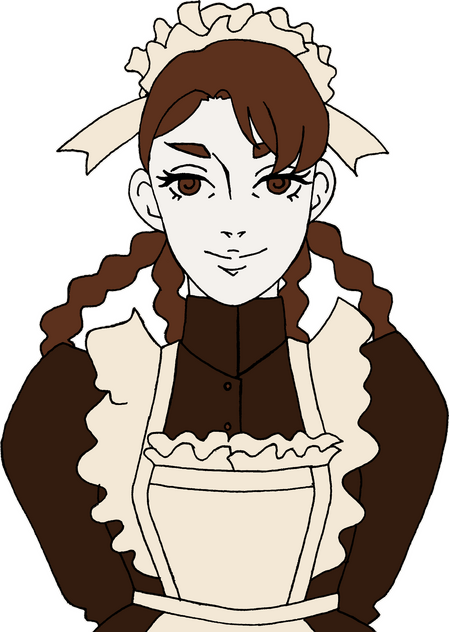 A sepia tonesd picture of Shirley, a woman in her late 20s. She has brown hair braided in two loops, brown eyes and stocky eyebrows. She's wearing a maid's outfit.