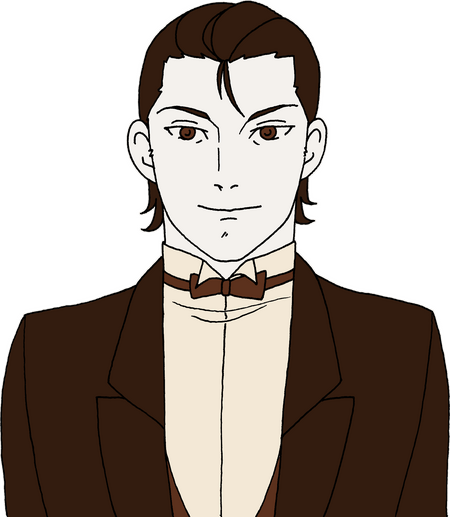 A sepia toned picture of Sebastian, a man in his 30s. He has slicked back black hair and dark eyes, and he is wearing a servant's outfit.